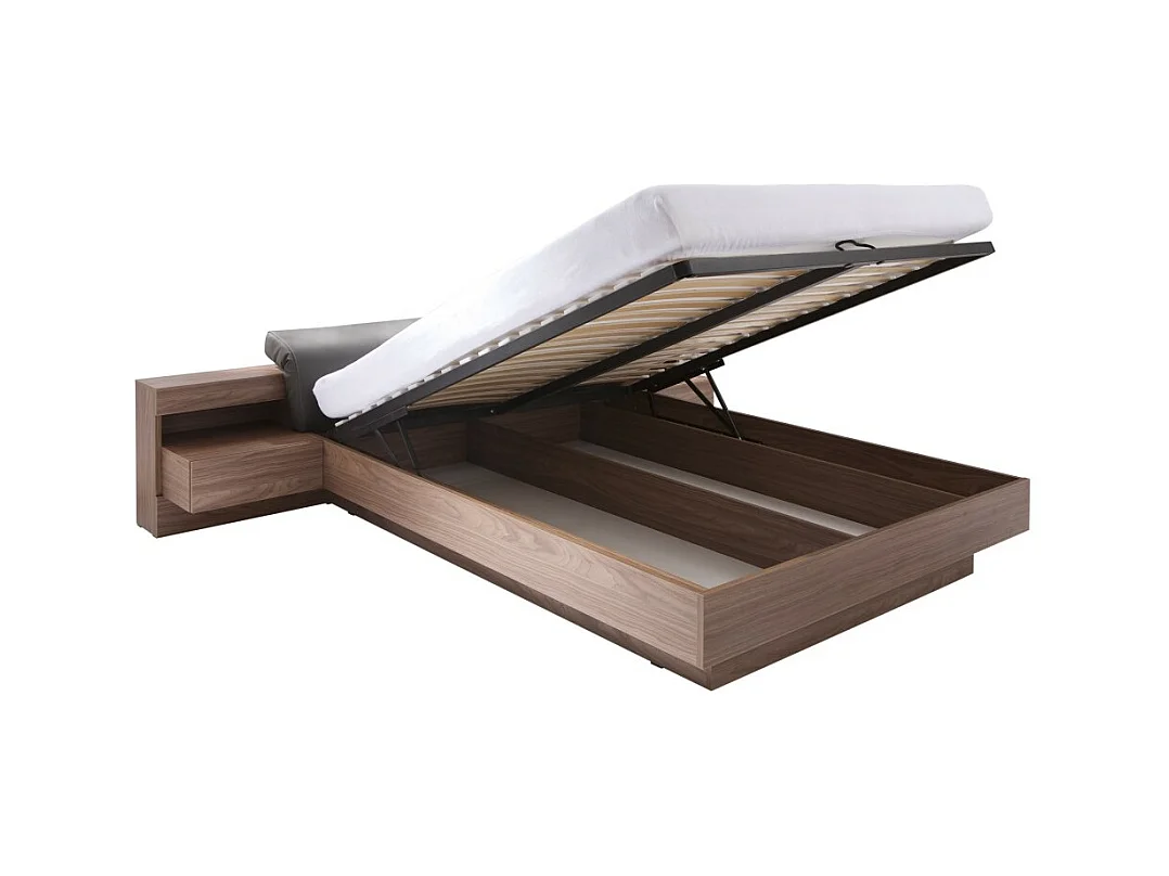 Lit coffre RENATO 160x200 avec sommier et chevets à LED coloris walnut