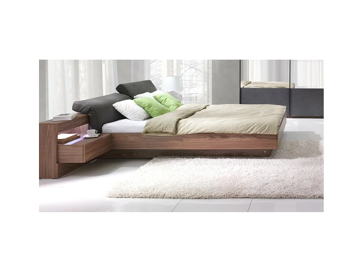 Lit coffre RENATO 160x200 avec sommier et chevets à LED coloris walnut
