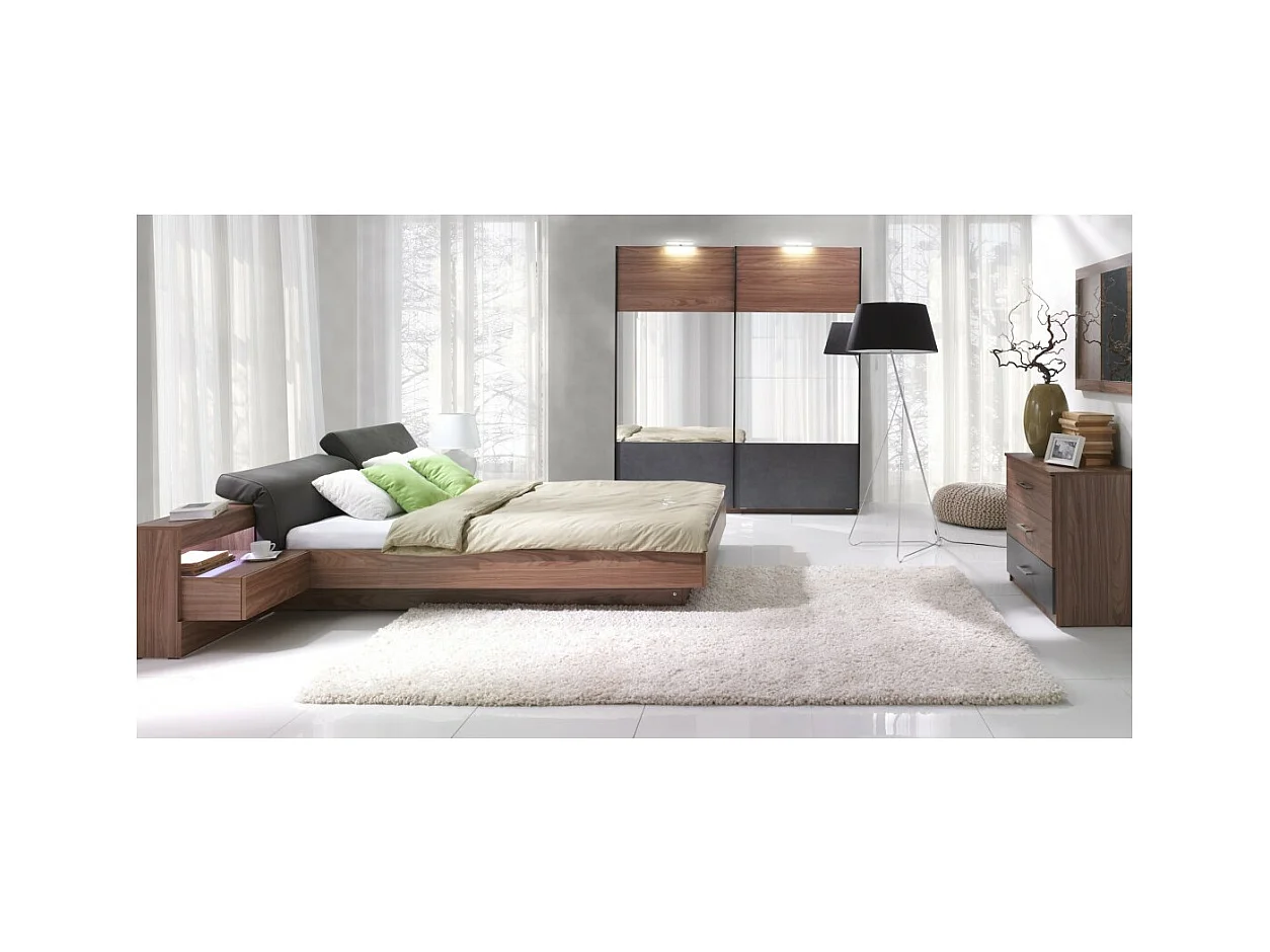 Lit coffre RENATO 160x200 avec sommier et chevets à LED coloris walnut