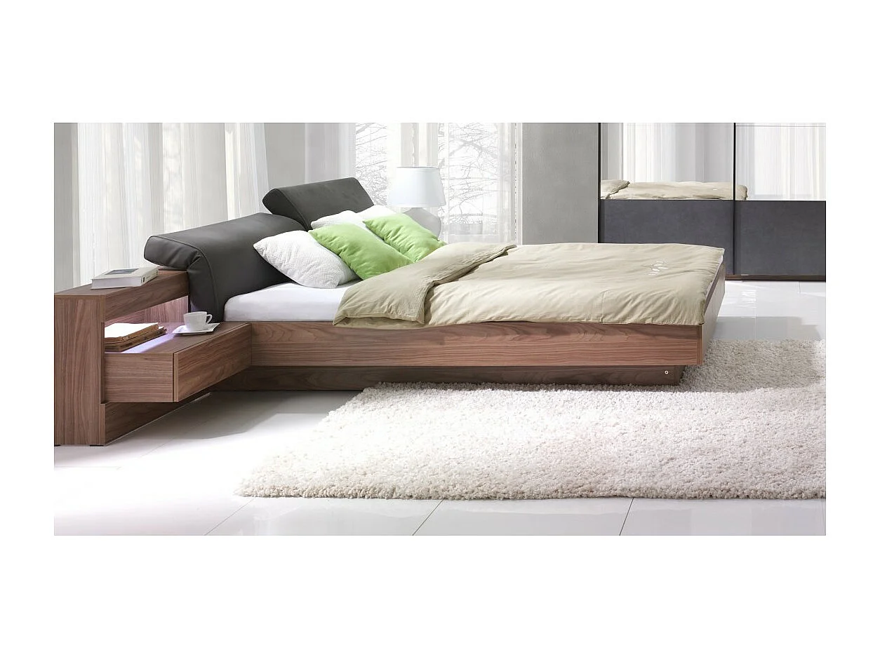 Opbergbed RENATO 160x200 met lattenbodem en nachtkastjes met LED in walnootkleur