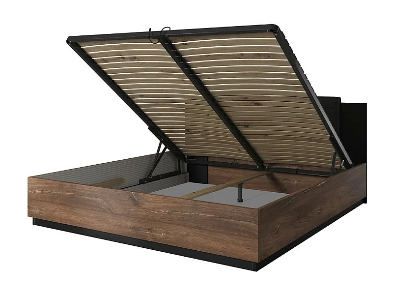 Lit coffre 180x200 – Chêne foncé et noir – Collection FOX – Sommier inclus