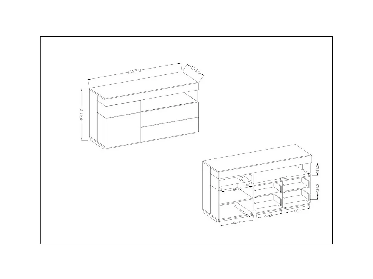 Buffet collectie KILES 170cm, geïntegreerde LED. Kleur wit en eiken. Design stijl.