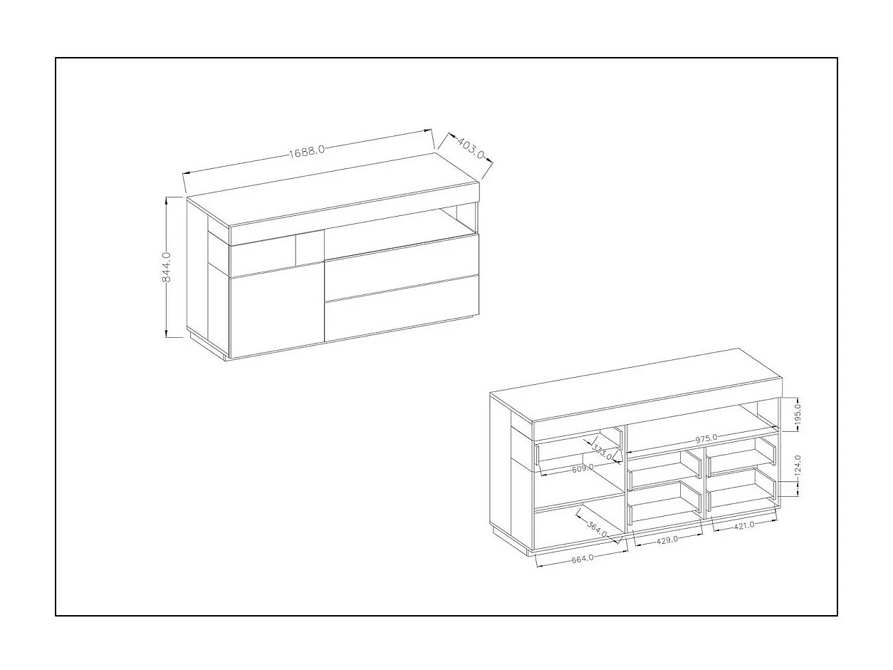 Buffet collection KILES 170cm, LED intégré. Coloris blanc et chêne. Style design