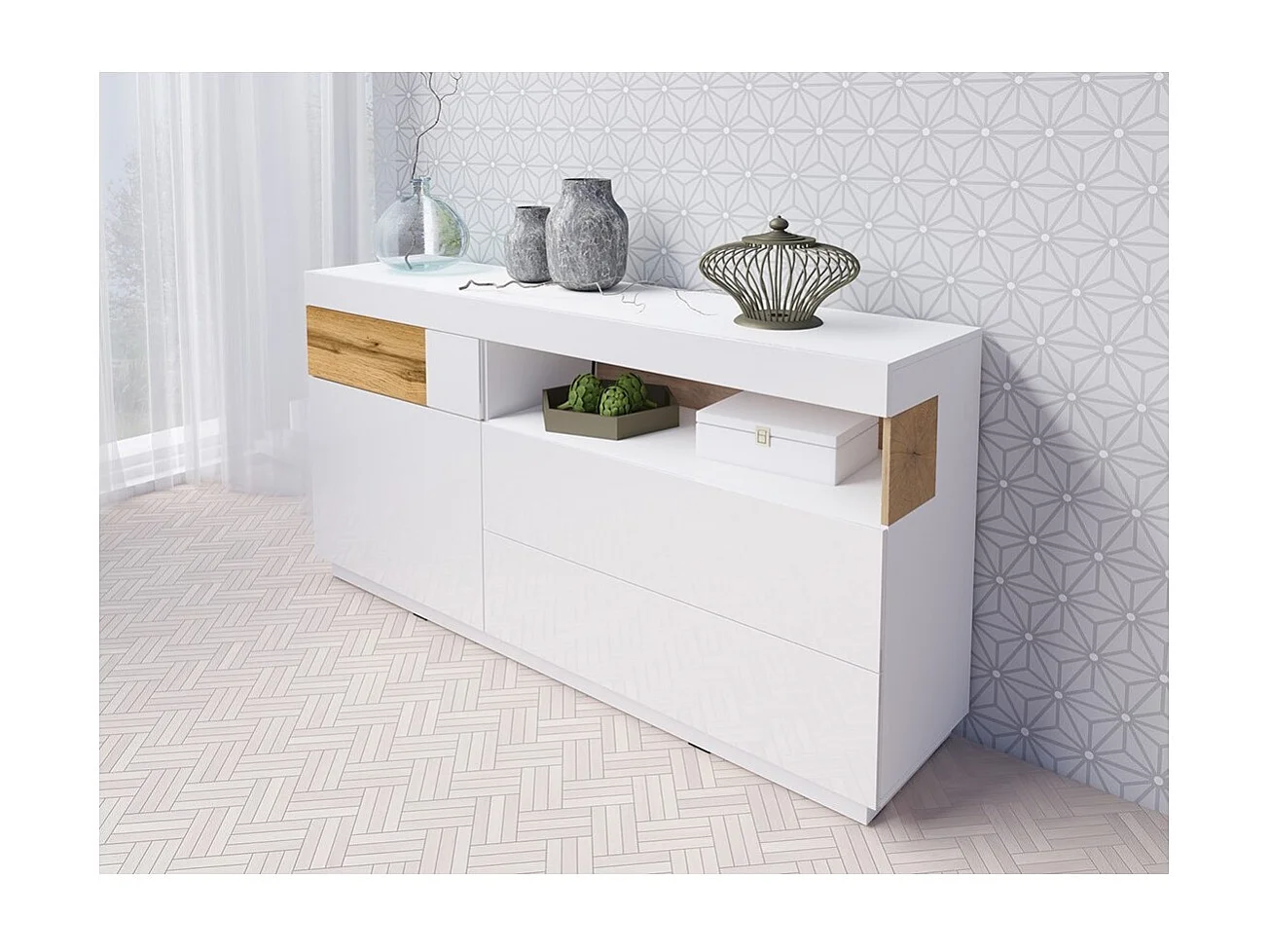 Buffet collection KILES 170cm, LED intégré. Coloris blanc et chêne. Style design