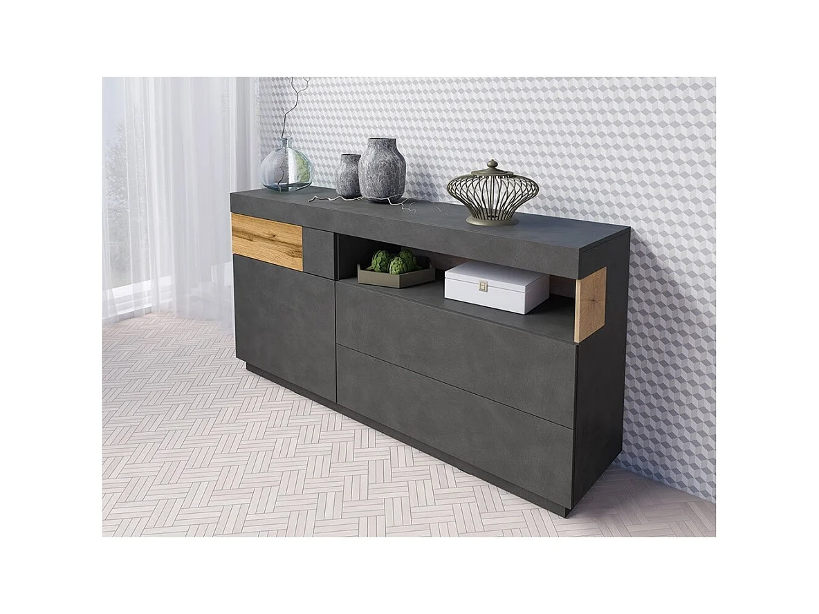 Buffet collection KILES 170cm, LED intégré. Coloris gris anthracite et chêne. Style design