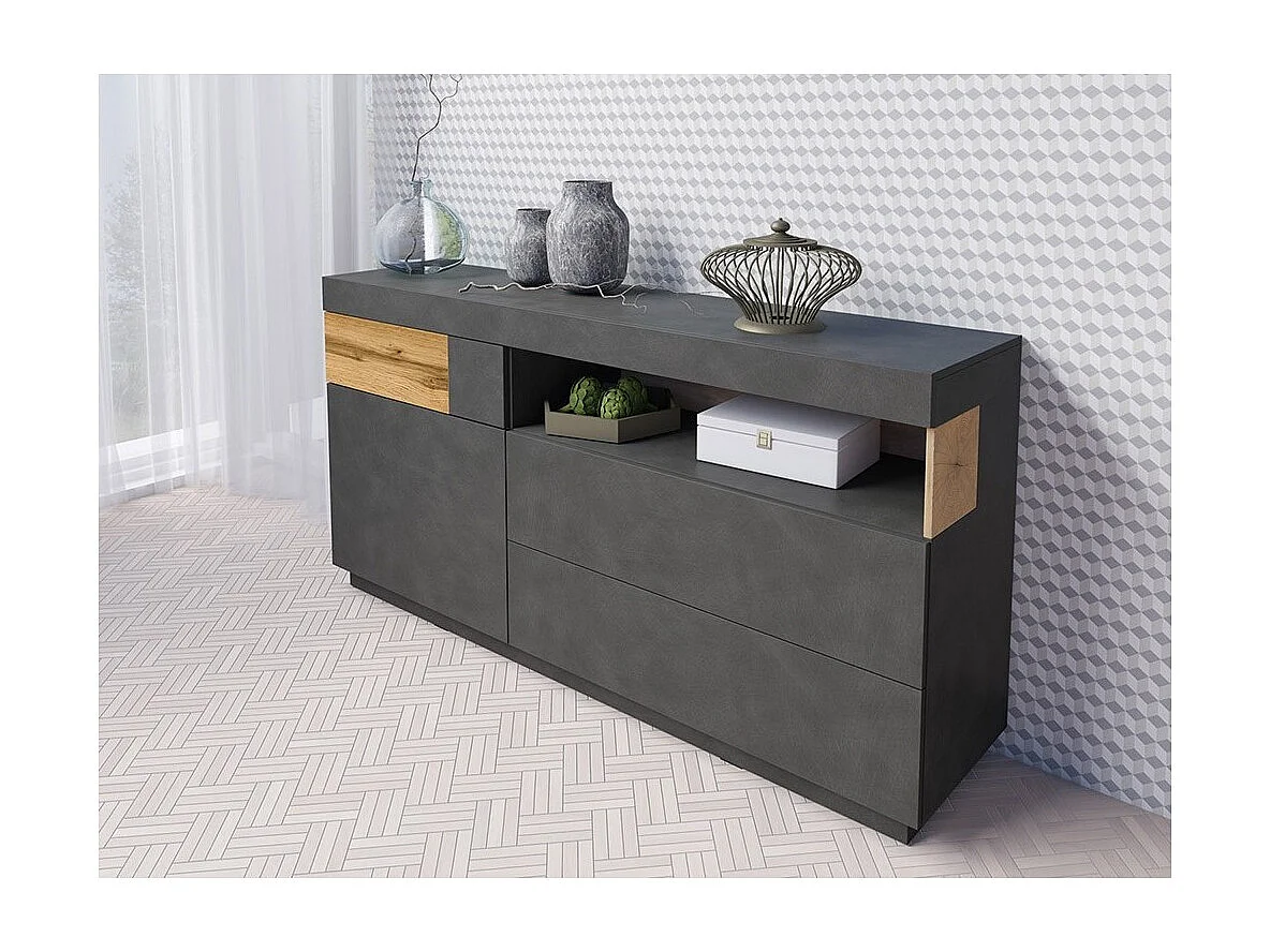 Buffet collection KILES 170cm, LED intégré. Coloris gris anthracite et chêne. Style design