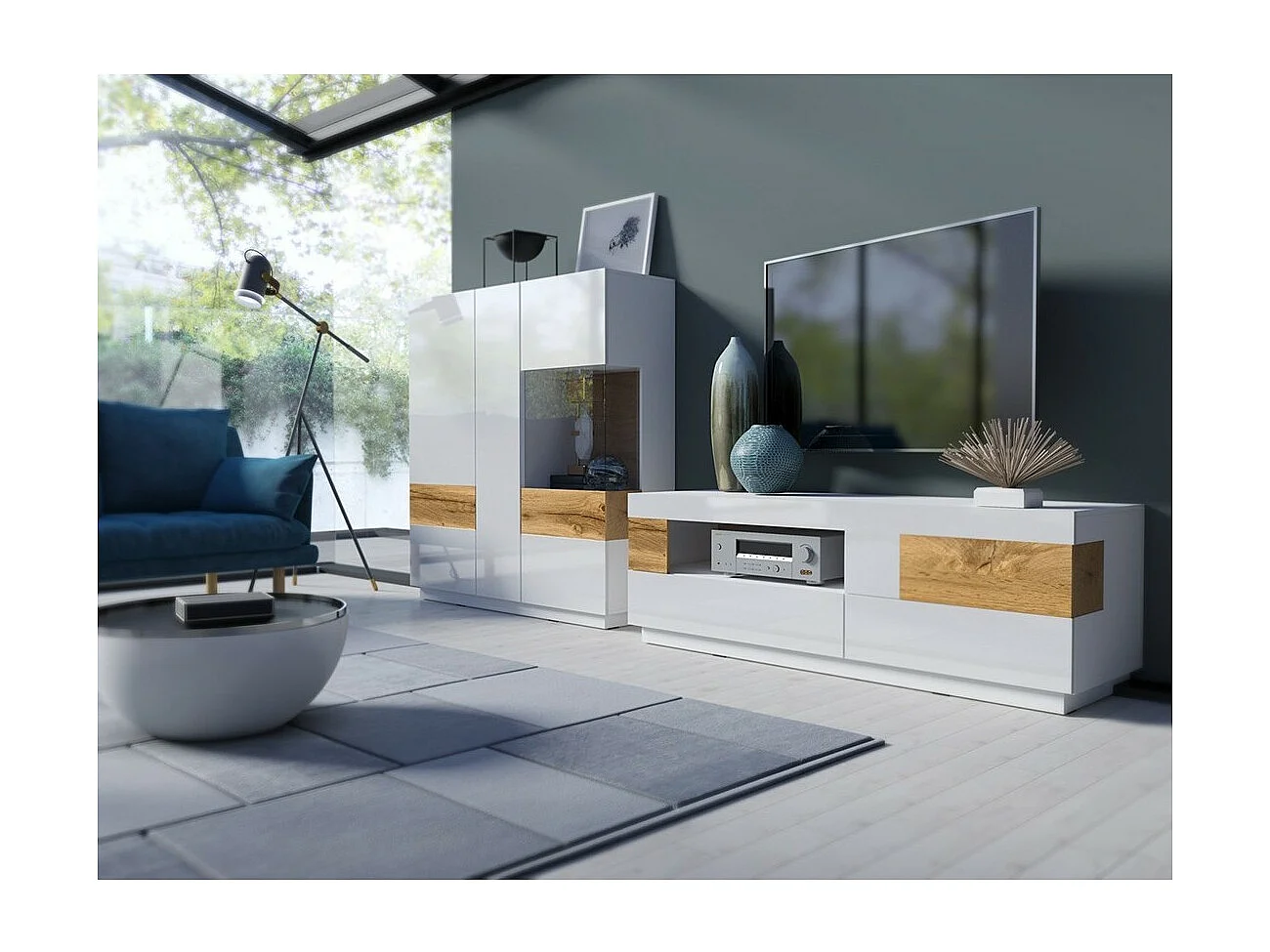 Buffet haut KILES trois portes avec LED. Coloris blanc et chêne. Style design