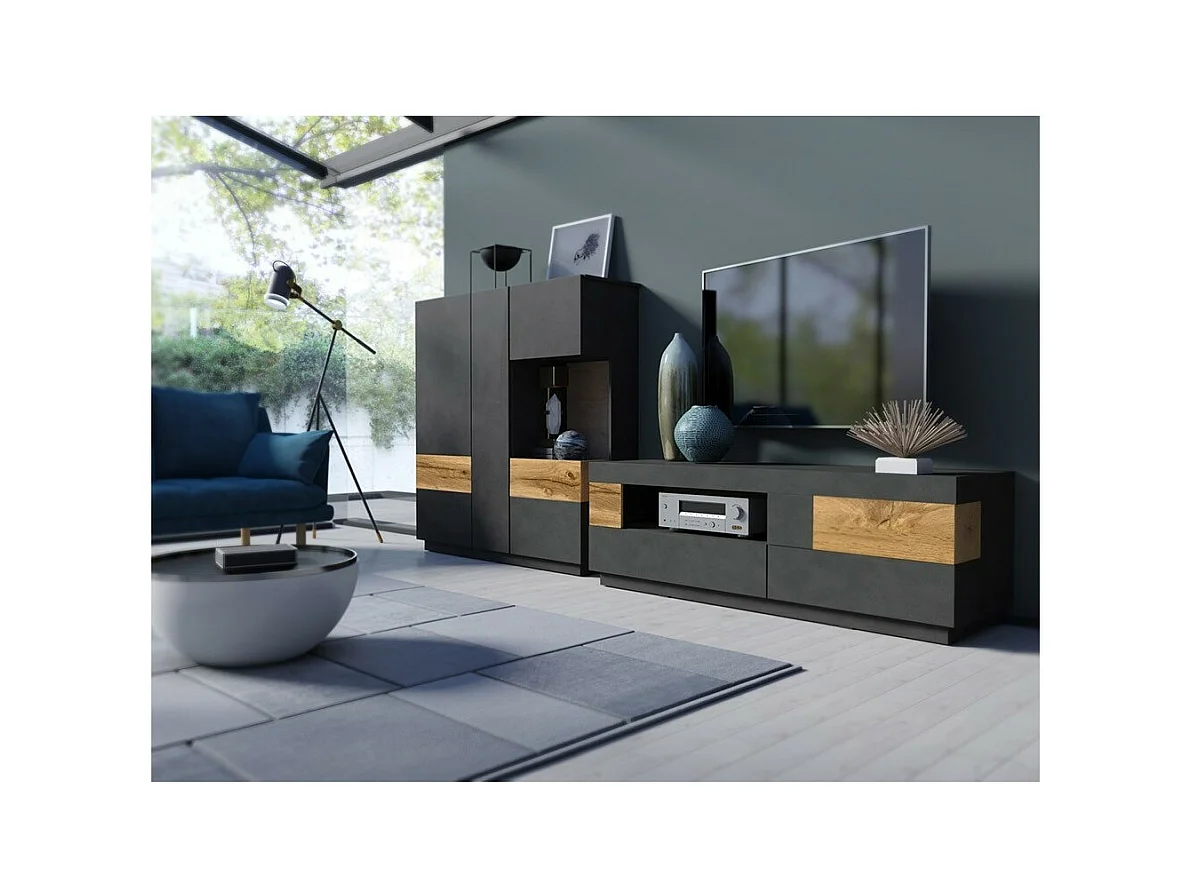 Hochschrank KILES mit drei Türen und LED. Farbe Anthrazitgrau und Eiche. Design-Stil.