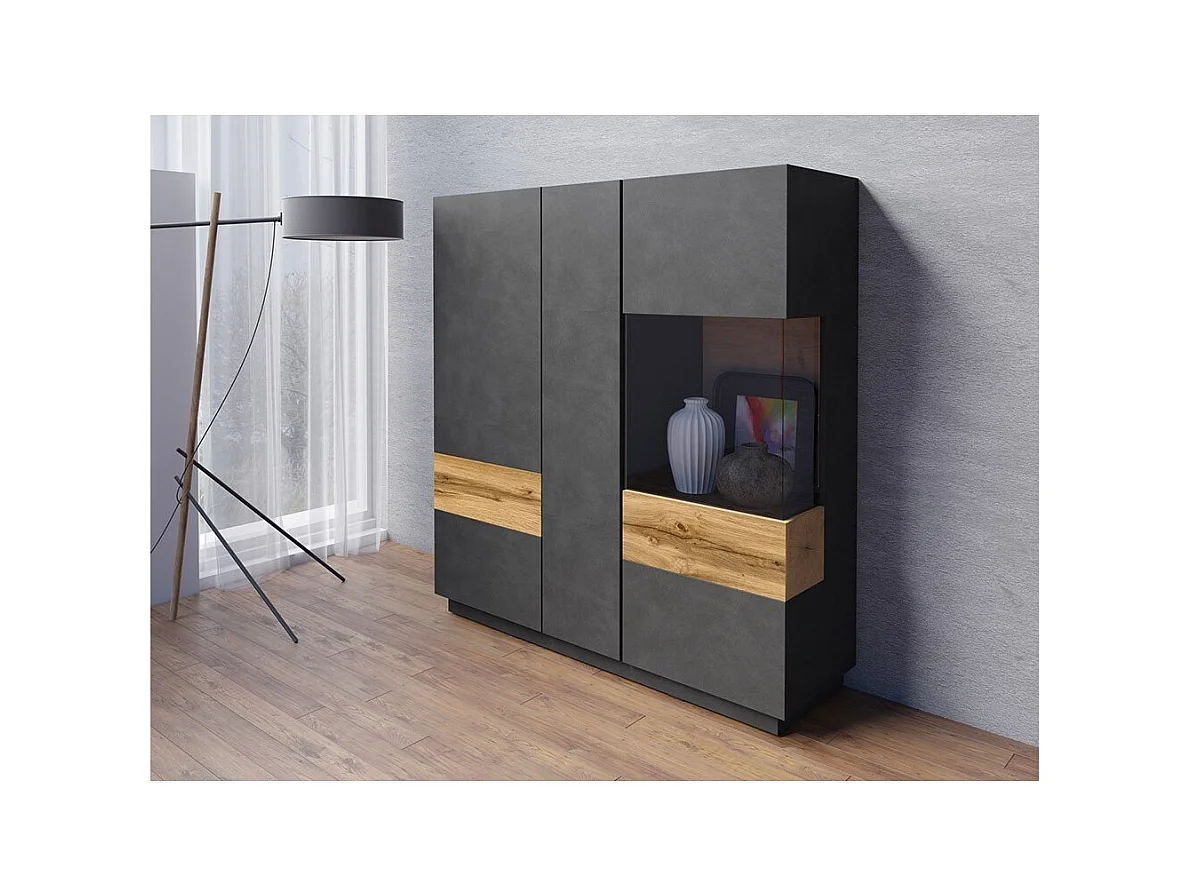 Hochschrank KILES mit drei Türen und LED. Farbe Anthrazitgrau und Eiche. Design-Stil.