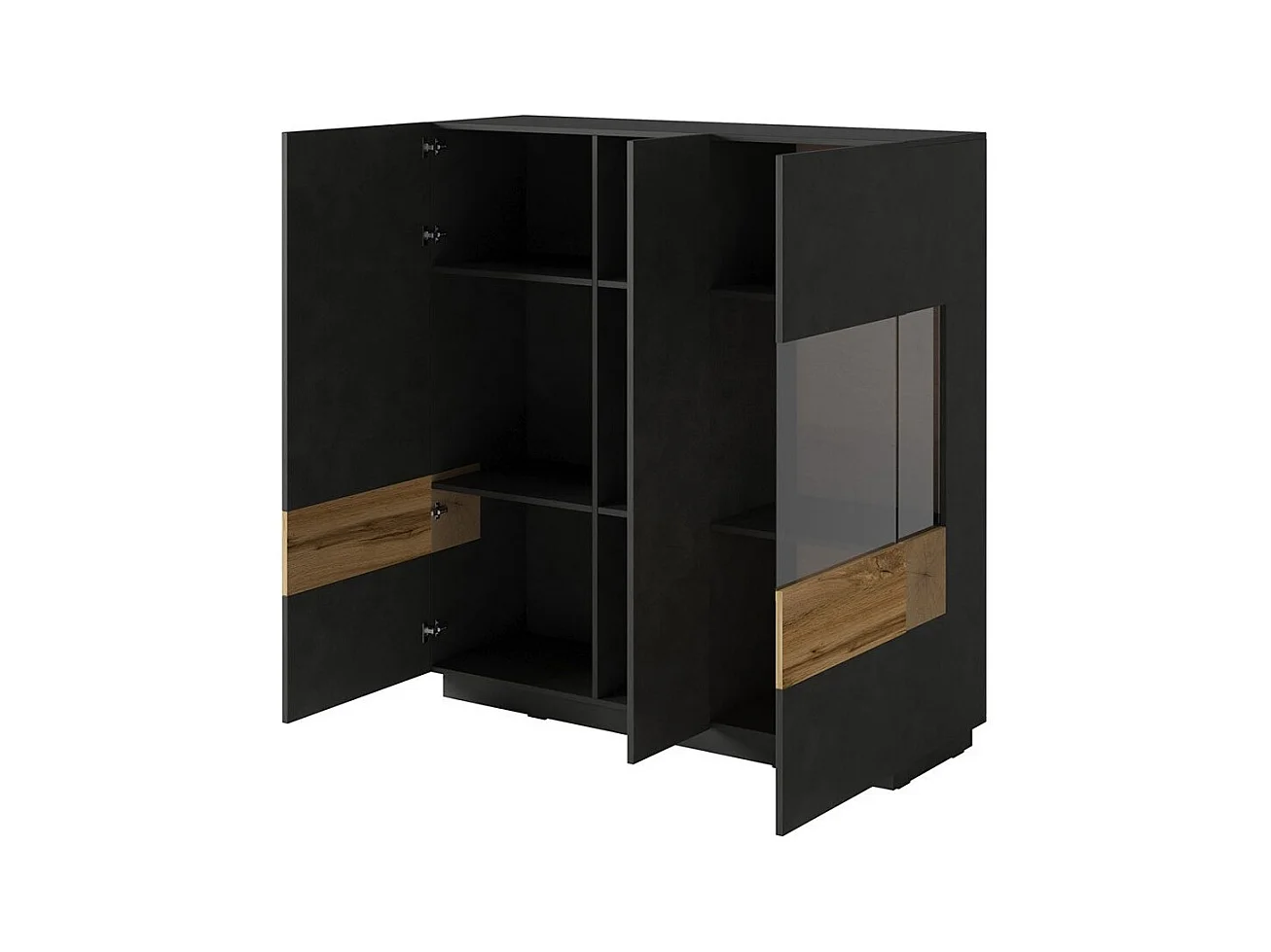 Hochschrank KILES mit drei Türen und LED. Farbe Anthrazitgrau und Eiche. Design-Stil.