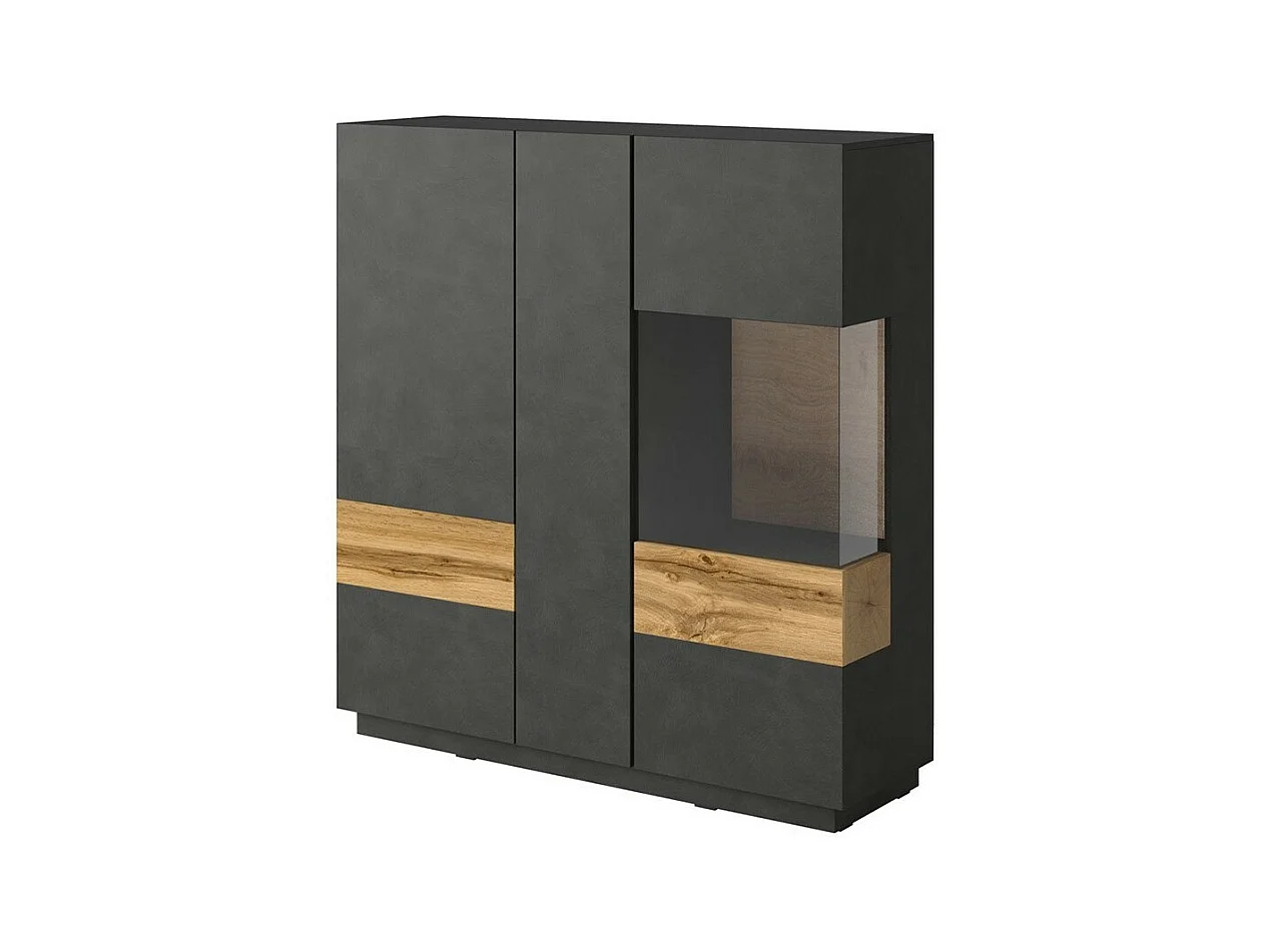 Buffet haut KILES trois portes avec LED. Coloris gris anthracite et chêne. Style design