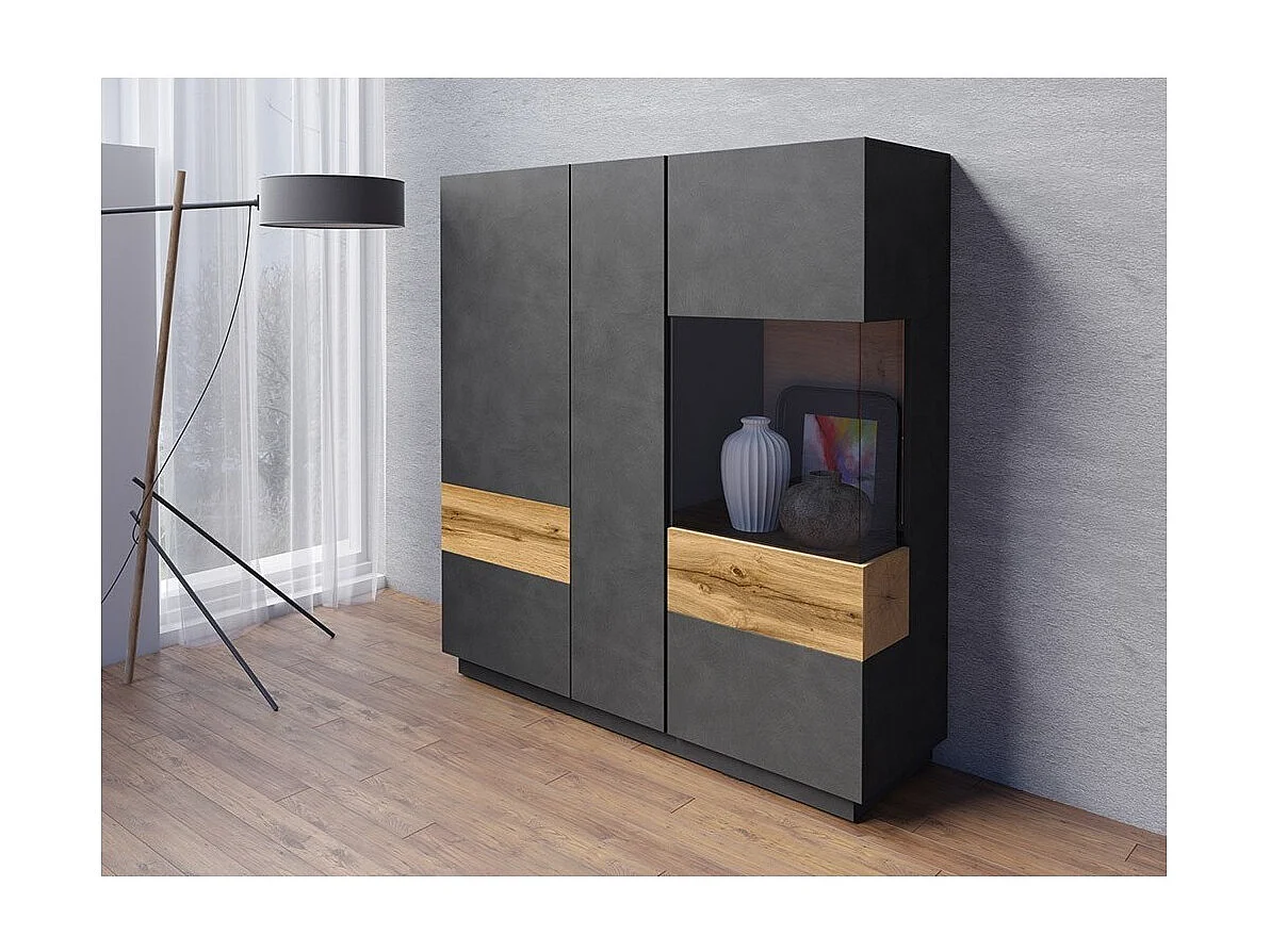 Buffet haut KILES trois portes avec LED. Coloris gris anthracite et chêne. Style design