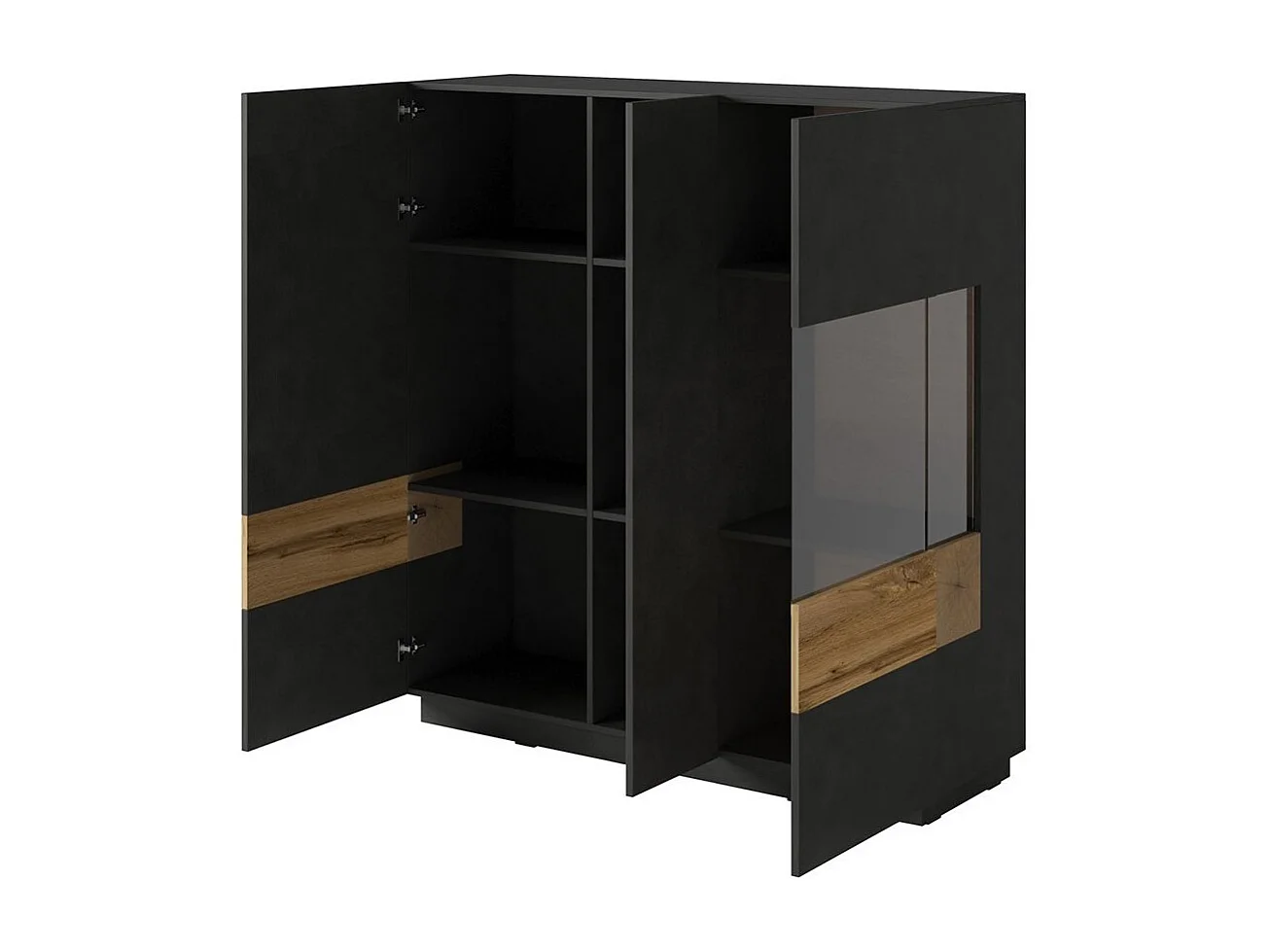 Buffet haut KILES trois portes avec LED. Coloris gris anthracite et chêne. Style design