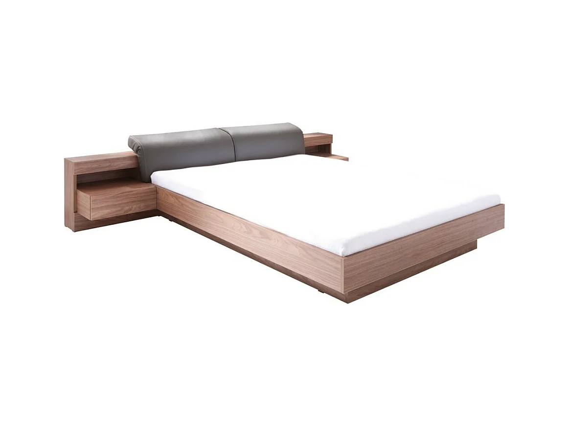 Cama de adulto 160x200, coleção RENATO. Mesinhas de cabeceira, LED e estrados incluídos. Cores nogueira e cinza.