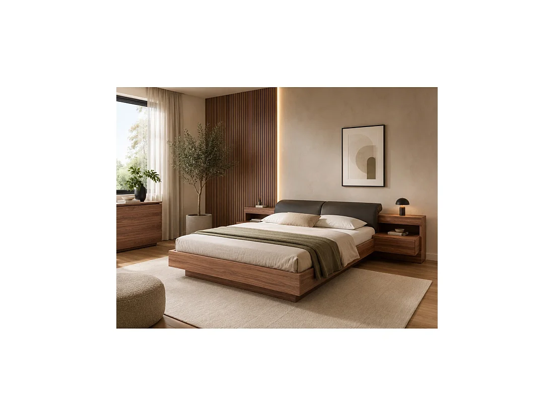 Letto 160x200 RENATO colore noce con doghe e comodini con LED integrati
