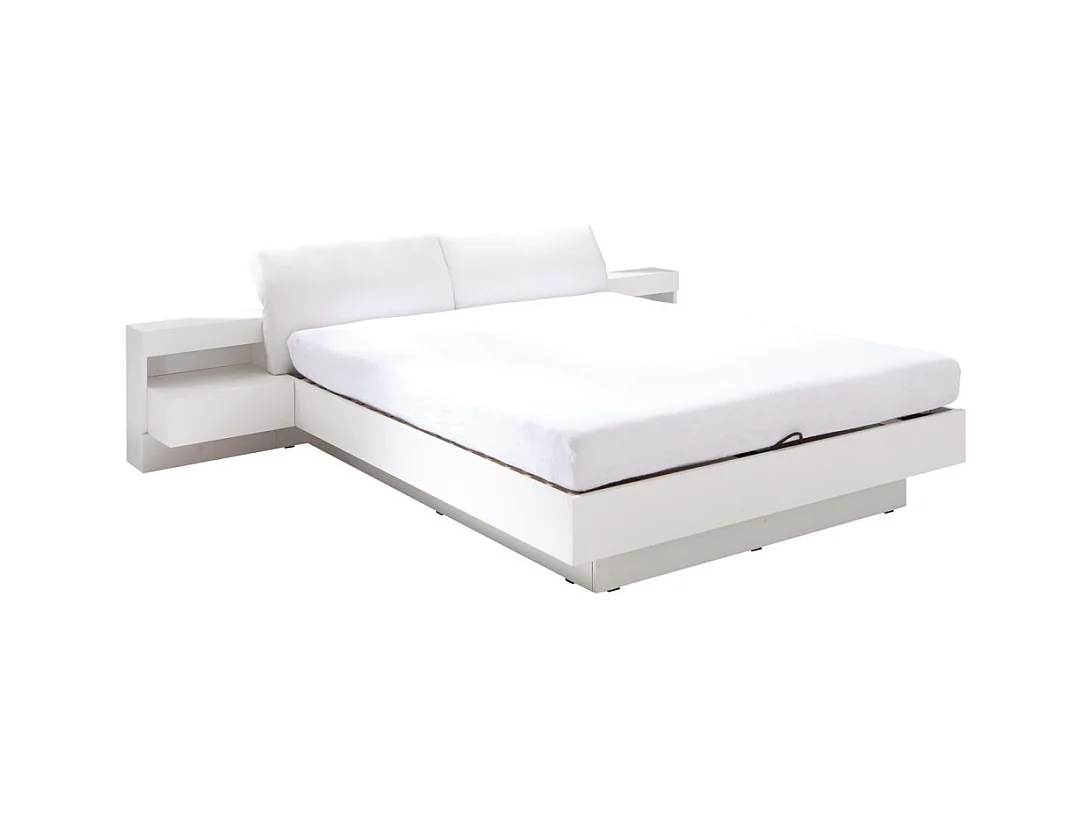Lit avec sommier 180x200 cm RENATO coloris blanc avec table de chevet intégrée avec LED – 291 x 90 x 236 cm