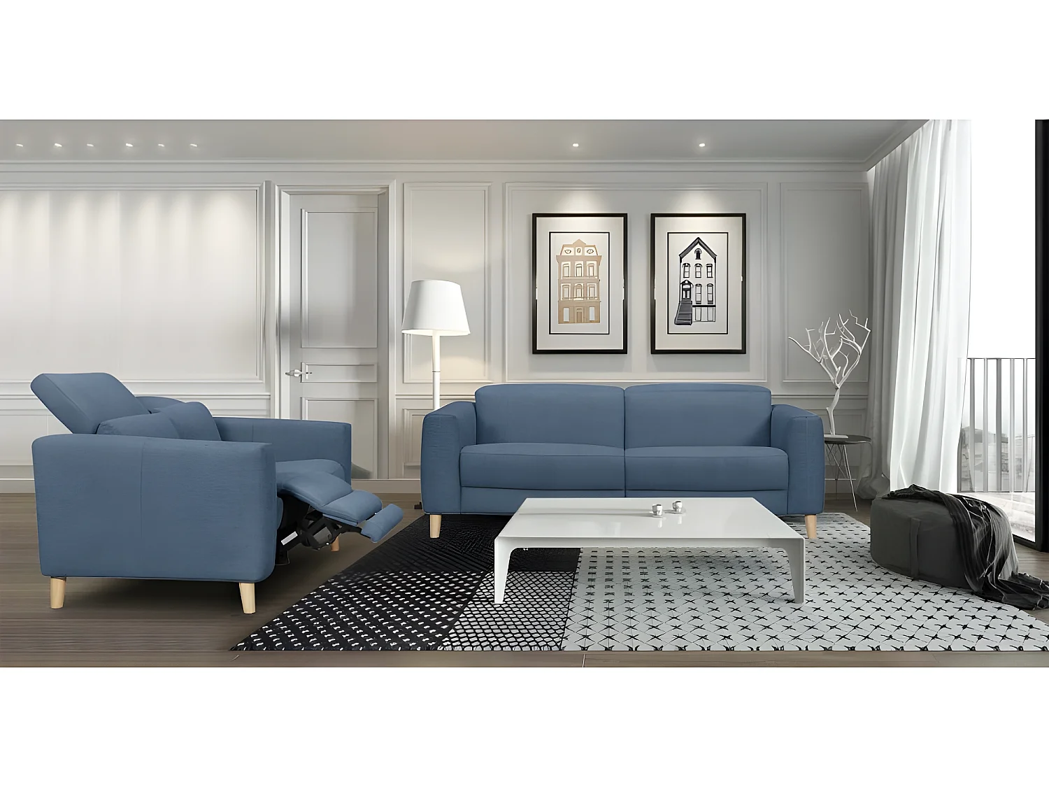 Canapé relaxation 2 places en tissu bleu et pieds bois - POLO