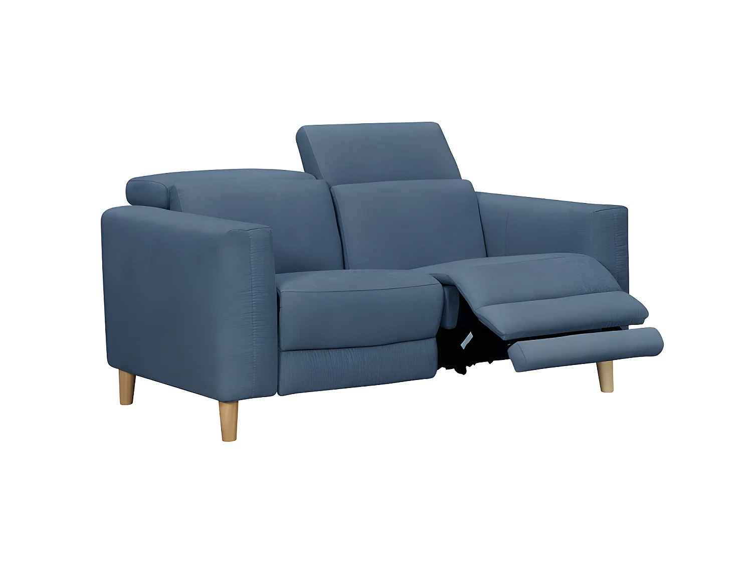 Canapé relaxation 2 places en tissu bleu et pieds bois - POLO
