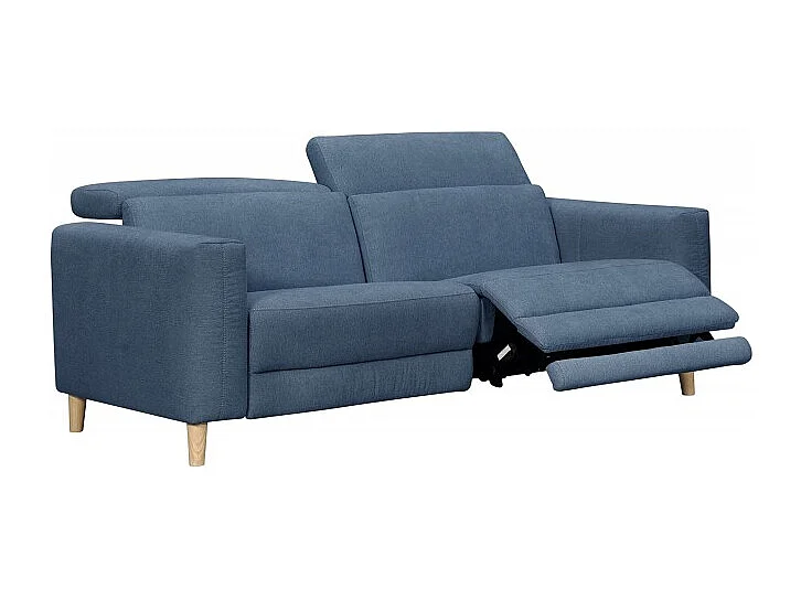 Canapé relaxation motorisé 2.5 places en tissu bleu pieds bois - POLO