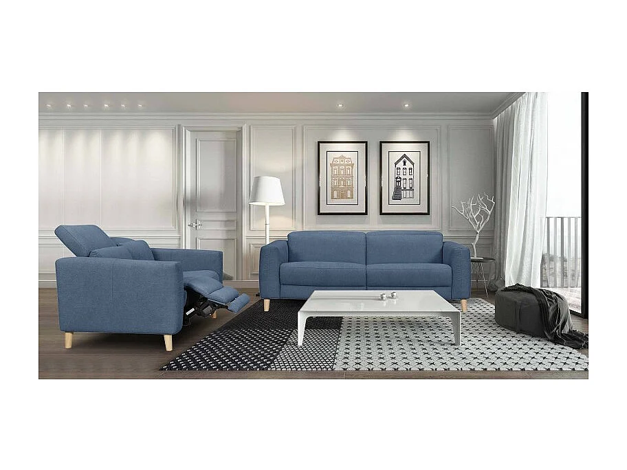 Canapé relaxation motorisé 2.5 places en tissu bleu pieds bois - POLO