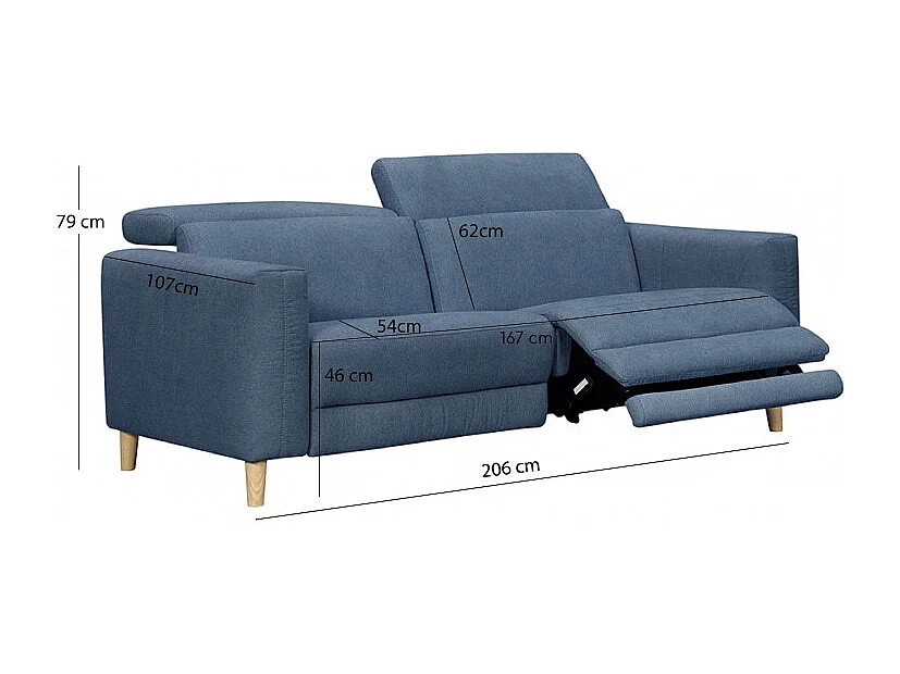Canapé relaxation motorisé 2.5 places en tissu bleu pieds bois - POLO
