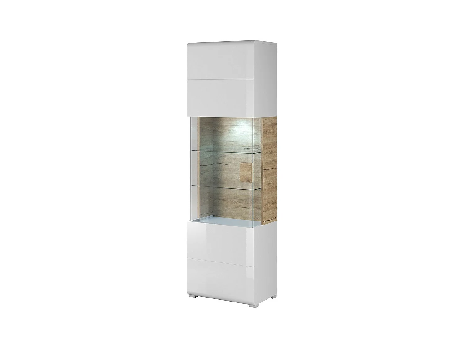 Vetrina design collezione OHIO modello alto + LED. Colore bianco e finitura effetto rovere.