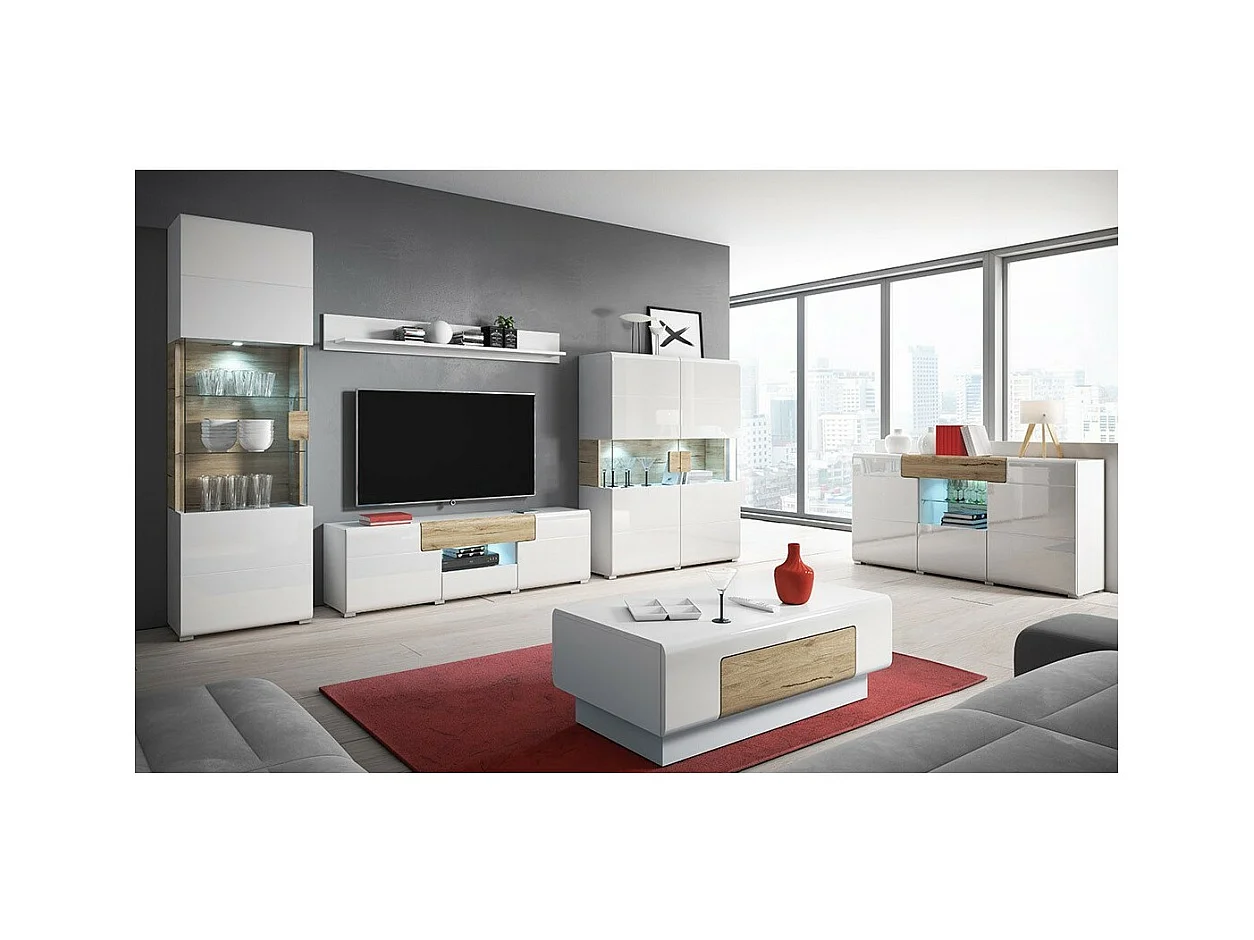 Vetrina design collezione OHIO modello alto + LED. Colore bianco e finitura effetto rovere.