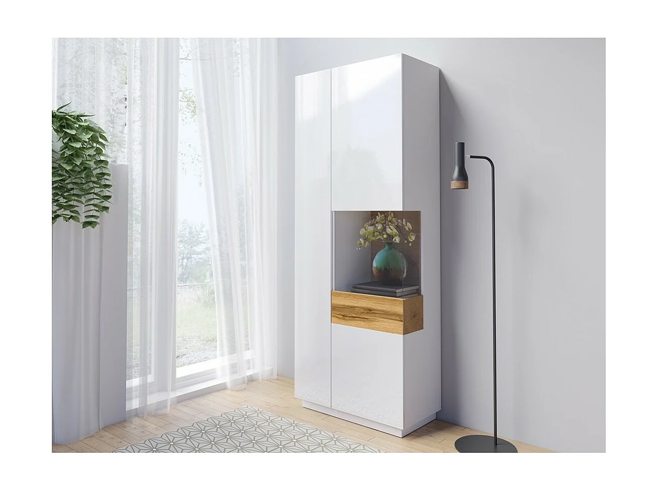 Vitrine, boekenkast, servieskast KILES in wit en eikenkleur. Model rechte vitrine. Geïntegreerde LED.