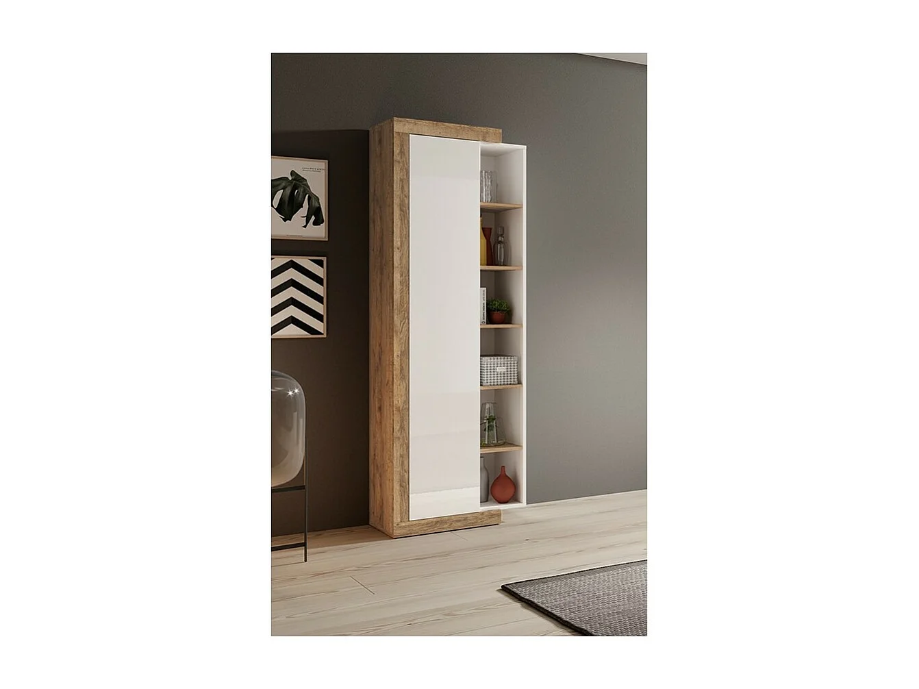 Designvitrine in eiken- en hoogglans wit kleur uit de SINATRA collectie.