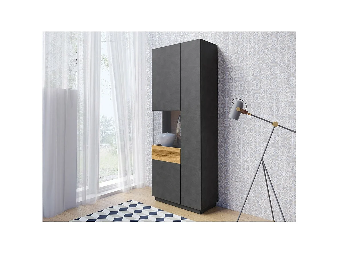 Vitrinekast, boekenkast, servieskast KILES in antracietgrijs en eiken. Model met de vitrine aan de linkerkant.
