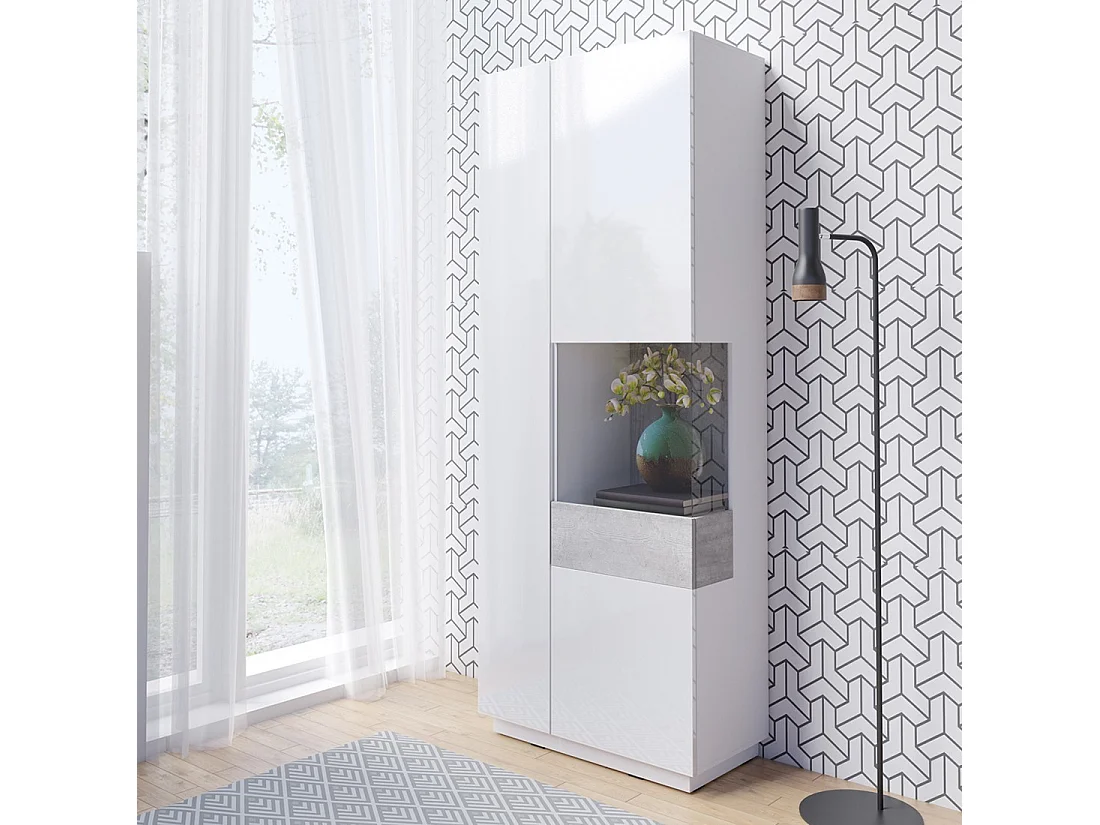 Vitrinekast, boekenkast, servieskast KILES in wit en grijs. Model rechte vitrine. Ingebouwde LED.