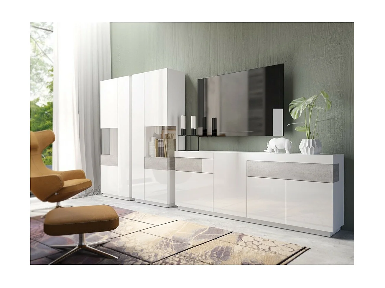 Vitrinekast, boekenkast, servieskast KILES in wit en grijs. Model rechte vitrine. Ingebouwde LED.