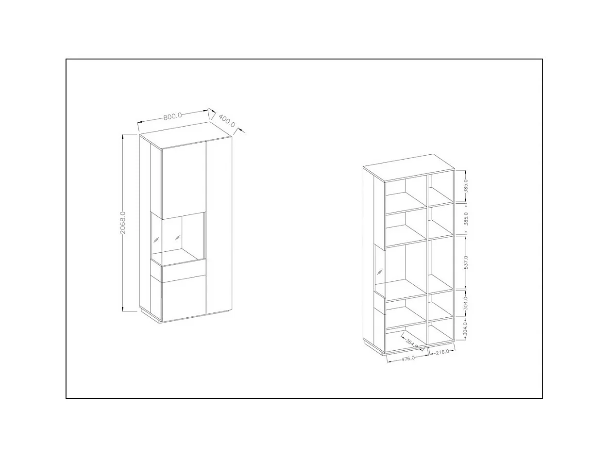 Vitrine, boekenkast, servieskast KILES in grijs, wit en eiken. Model met vitrine aan de linkerkant. Ingebouwde LED.