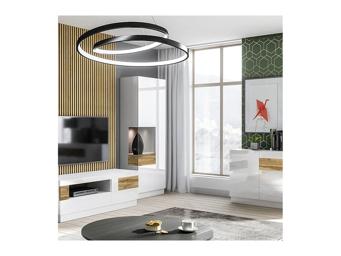 Vitrine, boekenkast, servieskast KILES in grijs, wit en eiken. Model met vitrine aan de linkerkant. Ingebouwde LED.