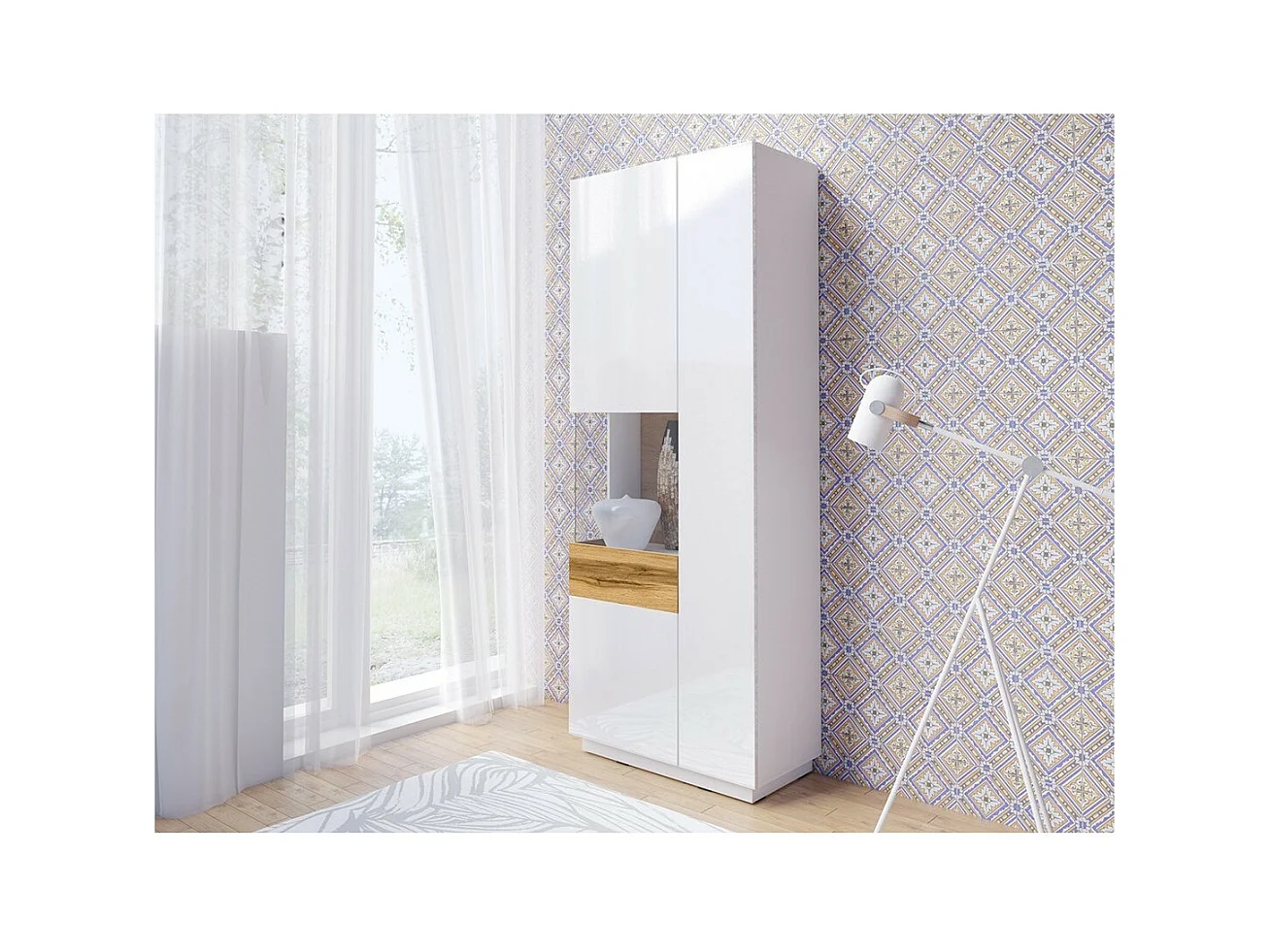 Vitrine, boekenkast, servieskast KILES in grijs, wit en eiken. Model met vitrine aan de linkerkant. Ingebouwde LED.