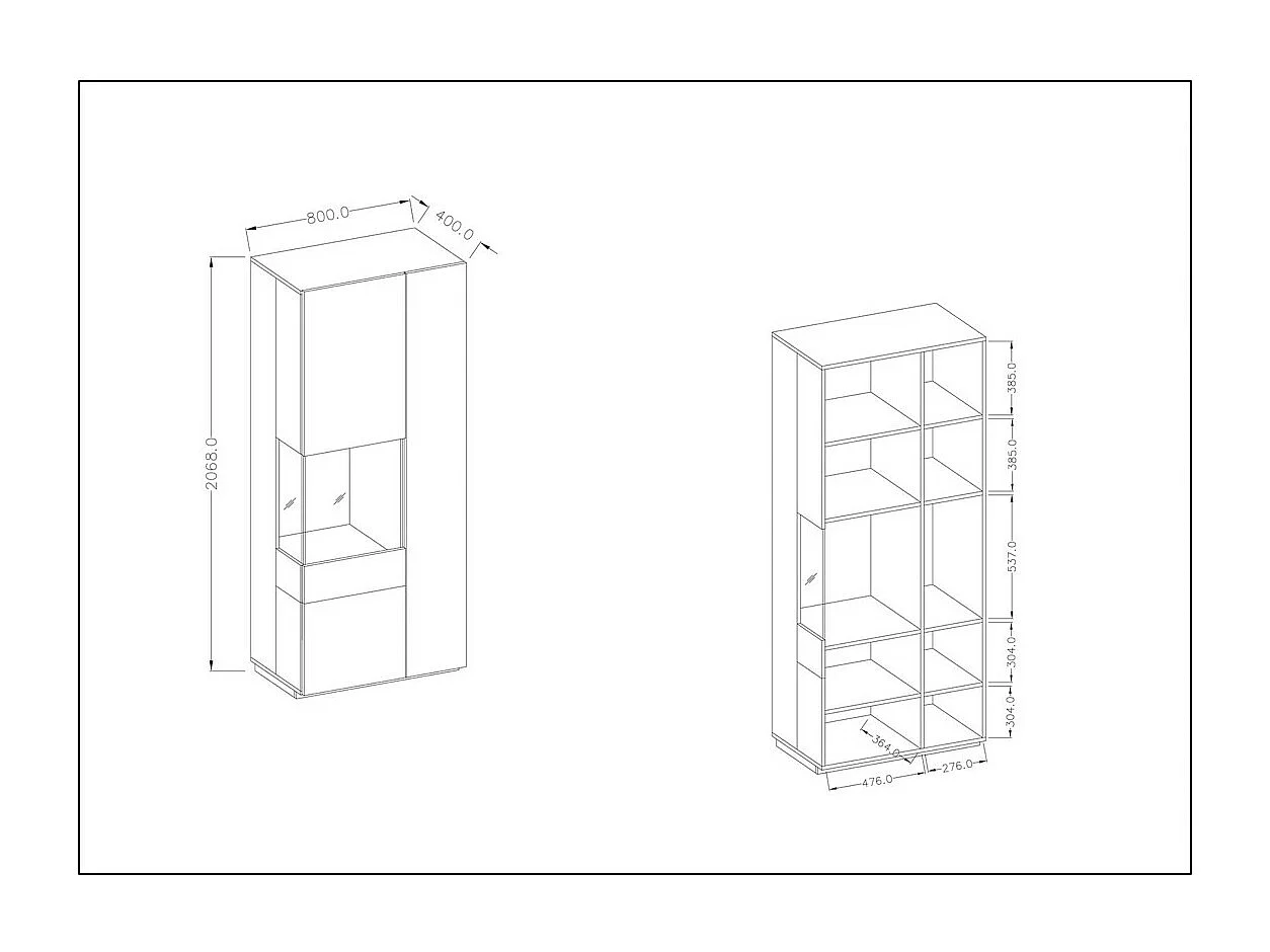 Vitrine, Bücherschrank, Geschirrschrank KILES in grauweiß und Eichenfarbe. Modell linke Vitrine. Integrierte LED