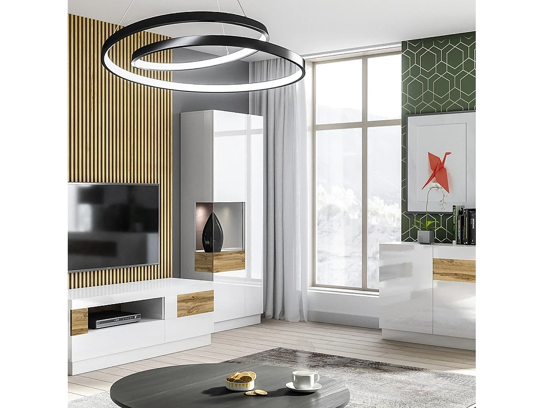 Vitrine, Bücherschrank, Geschirrschrank KILES in grauweiß und Eichenfarbe. Modell linke Vitrine. Integrierte LED