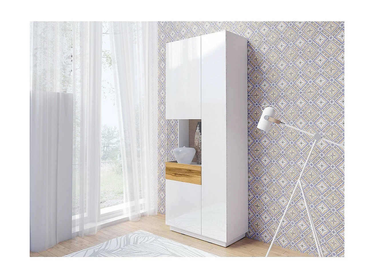 Vitrine, Bücherschrank, Geschirrschrank KILES in grauweiß und Eichenfarbe. Modell linke Vitrine. Integrierte LED