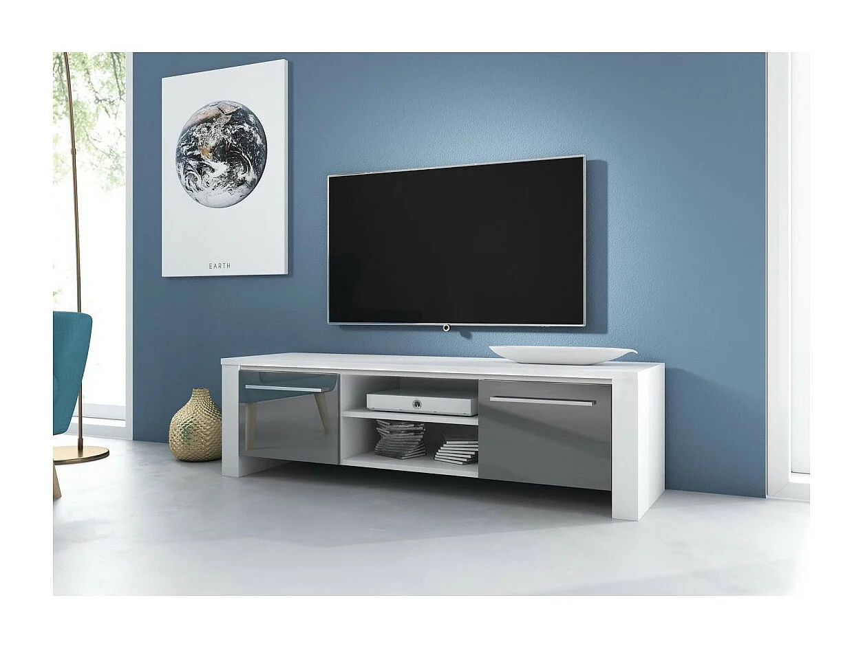 Meuble TV design MANHATTAN 140 cm à 2 portes et 2 niches coloris blanc et gris