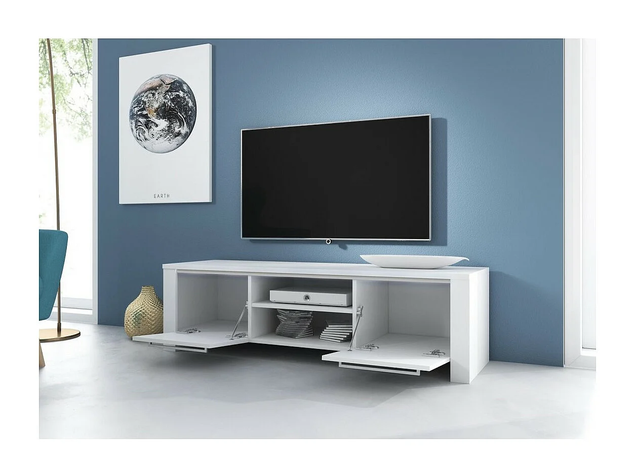 Meuble TV design MANHATTAN 140 cm à 2 portes et 2 niches coloris blanc et gris