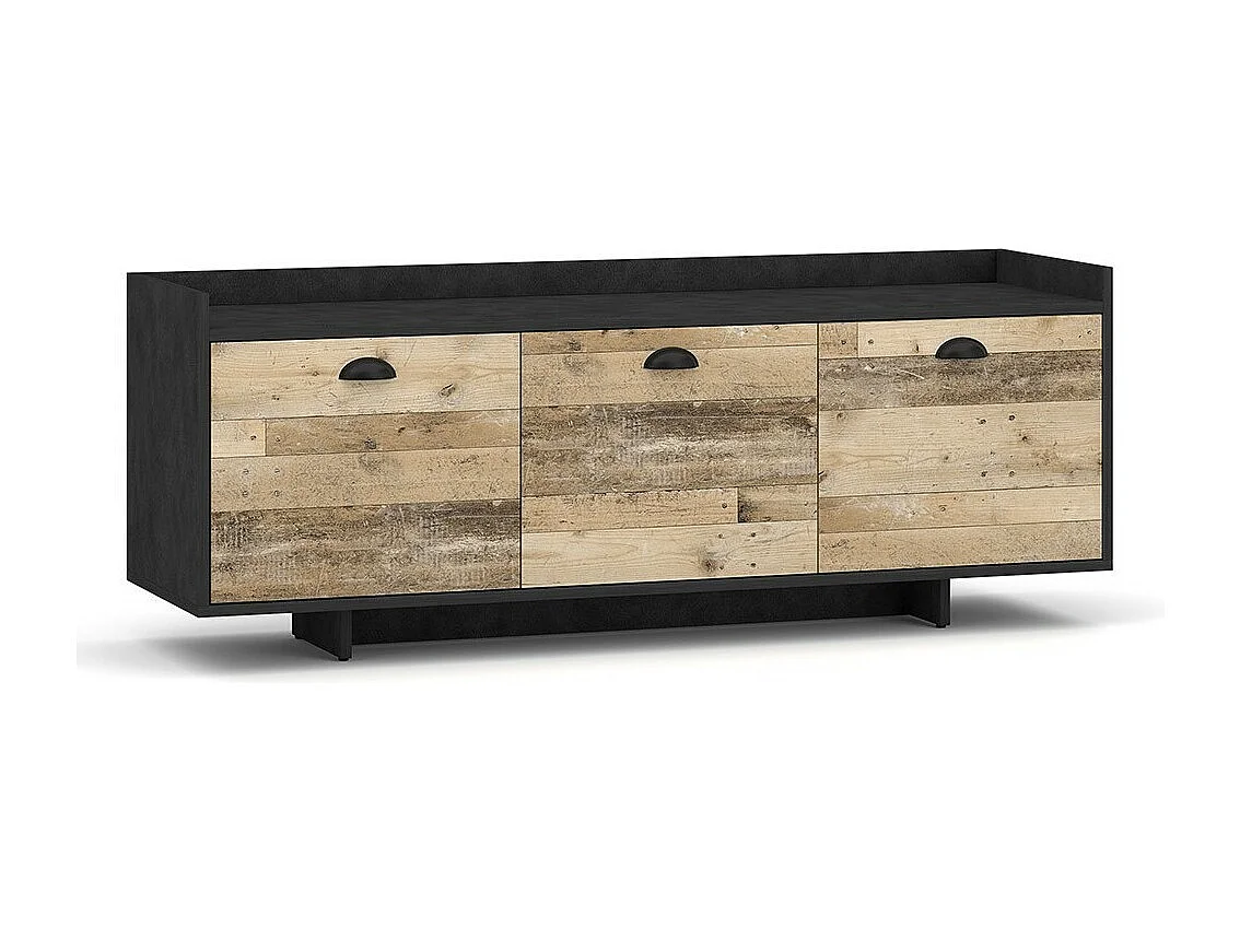 Meuble TV design VICTORIA 140 cm, 3 portes, coloris gris foncé et bois brut.