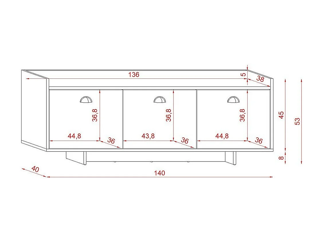 Meuble TV design VICTORIA 140 cm, 3 portes, coloris gris foncé et bois brut.