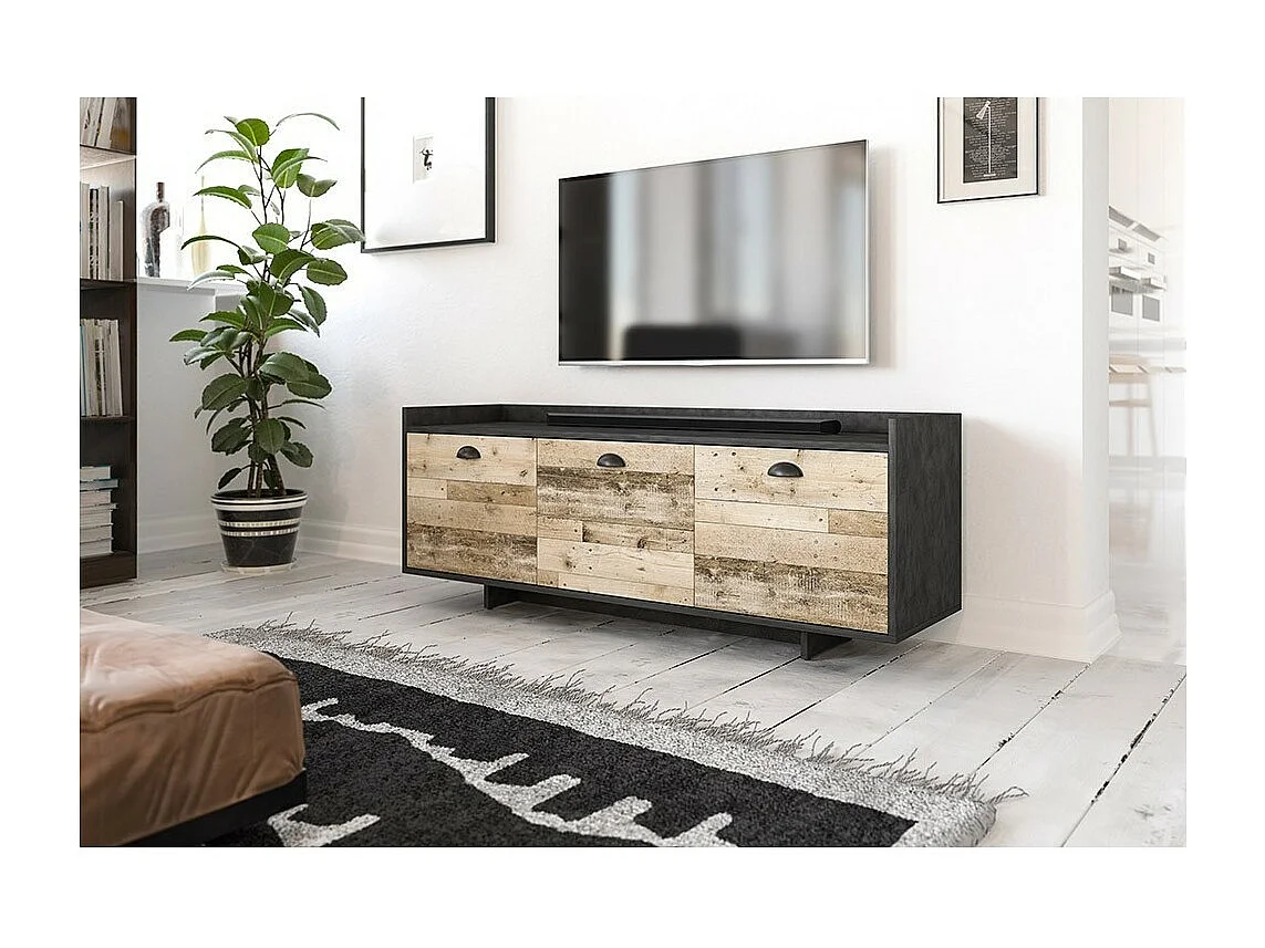 Meuble TV design VICTORIA 140 cm, 3 portes, coloris gris foncé et bois brut.