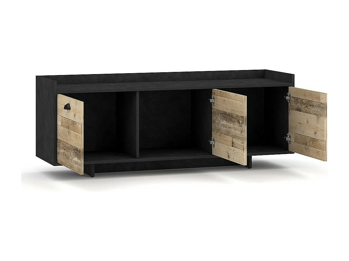 Meuble TV design VICTORIA 140 cm, 3 portes, coloris gris foncé et bois brut.