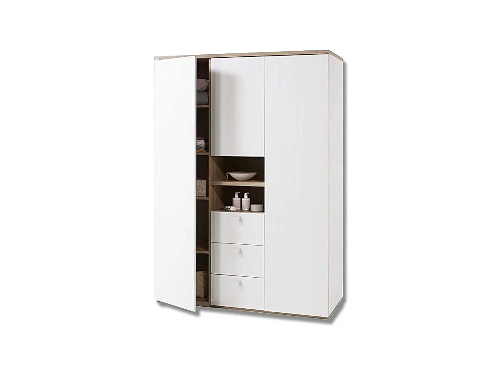 Armoire 3 portes 3 tiroirs 2 niches décor bois blanc laqué - GABRIEL