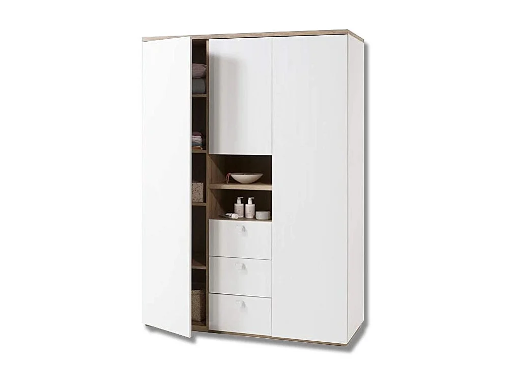 Armoire 3 portes 3 tiroirs 2 niches décor bois blanc laqué - GABRIEL