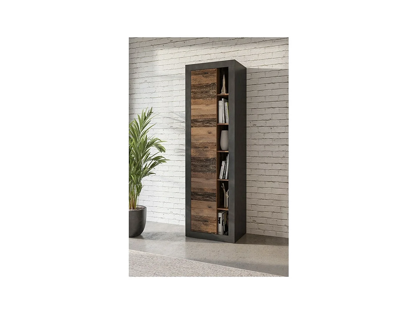 Biblioteca Design Com Uma Porta e Nichos Aparentes nas Cores Carvalho e Preto Fosco Coleção Onyxia