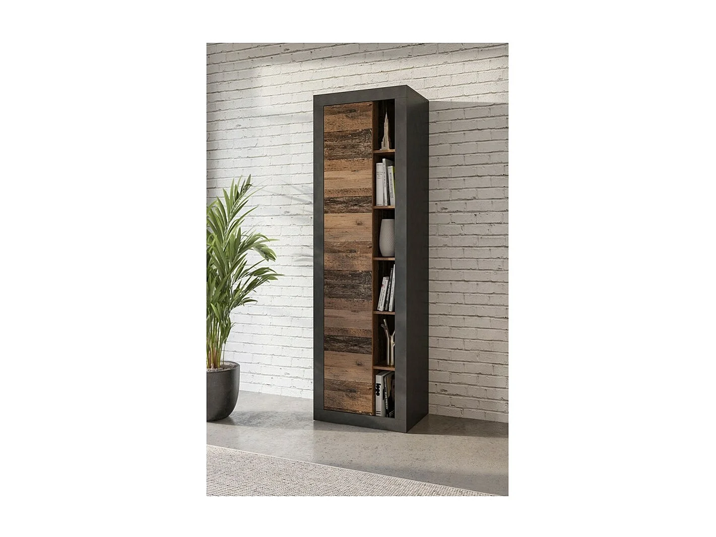 Bibliothèque ONYXIA, coloris chêne foncé et noir mat, 59.2 x 195.6 x 41.8 cm