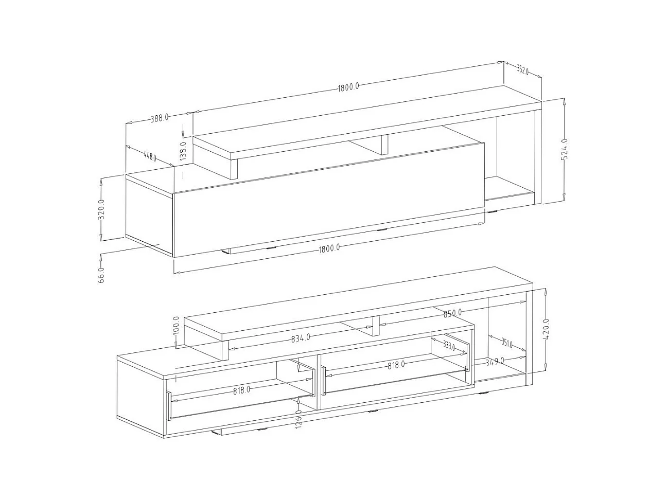Móvel para TV de 220cm da coleção BERGAME. Cor preto super fosco.