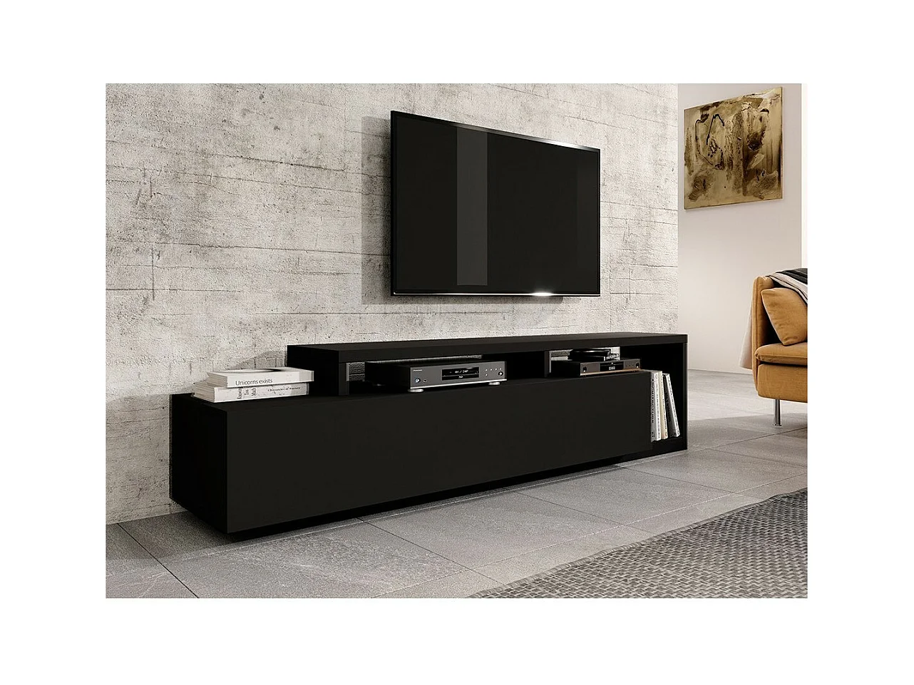 Móvel para TV de 220cm da coleção BERGAME. Cor preto super fosco.